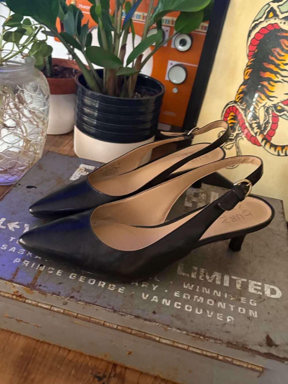 Naturalizer Black Pointed Slingback Kitten Heels
